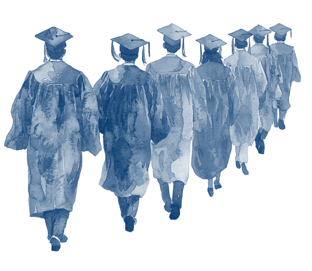 Shilhouetted group of 7 graduates walking away from the viewer